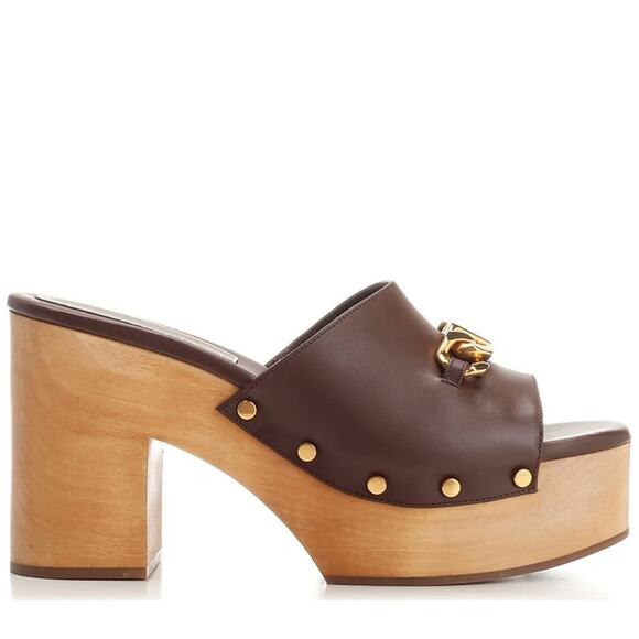 VALENTINO V Logo Chain Open Toe Platform Mules Brown Leather Wooden Heel 8.5 NEW - Picture 2 of 15